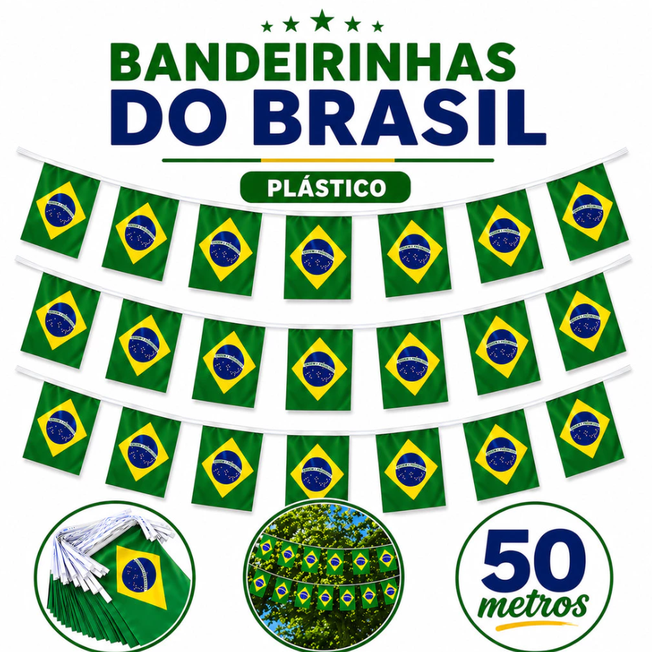 Bandeirinhas do Brasil Decoração Copa do Mundo 2026 Varal de Bandeiras Plástico
