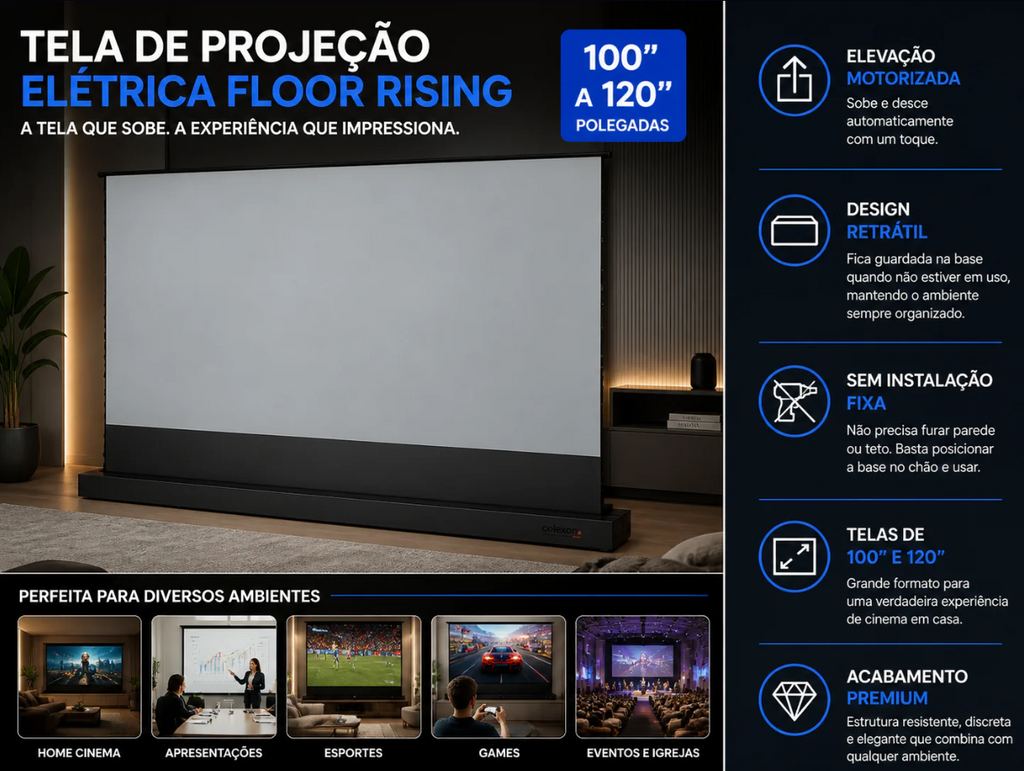 Tela de Projeção Elétrica Floor Rising Premium™ | 100” a 120” Retrátil, Motorizada e Portátil