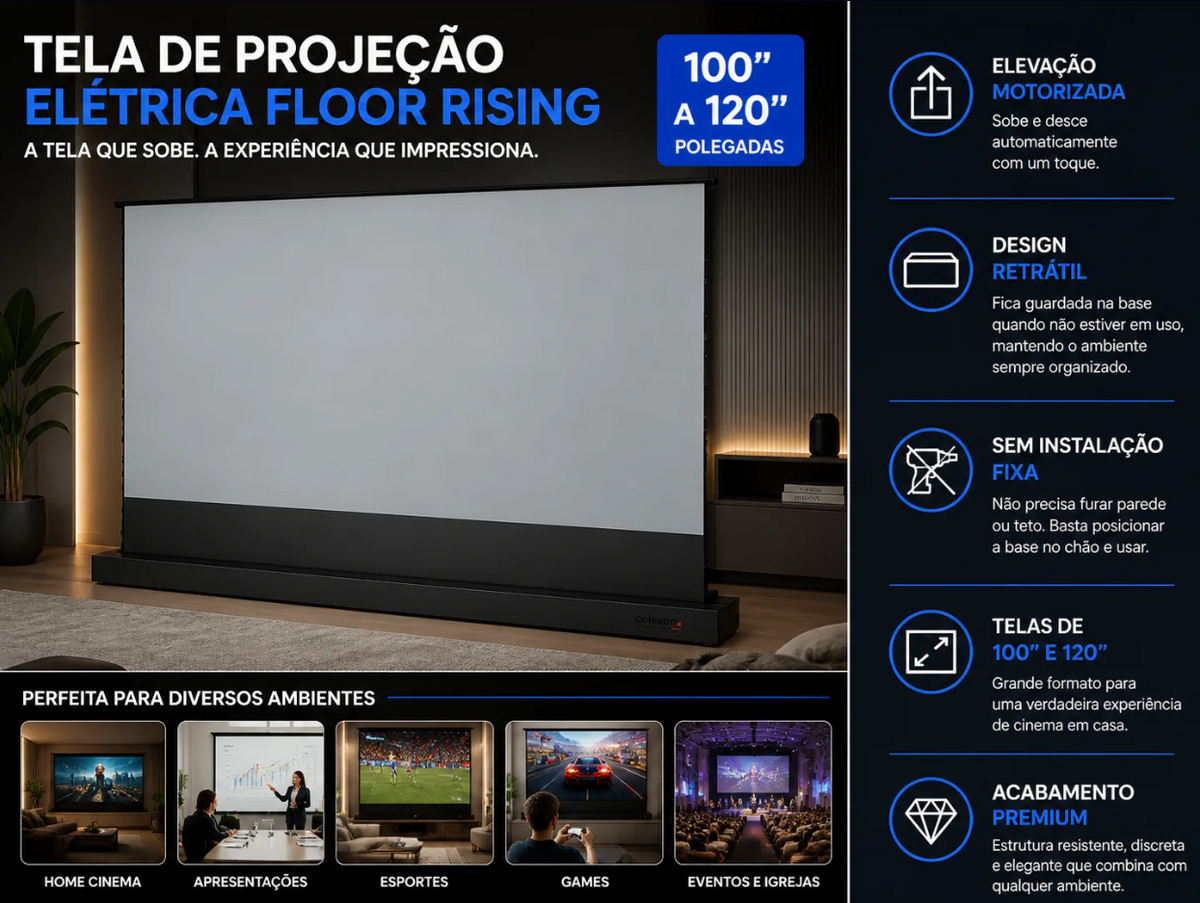 Tela de Projeção Elétrica Floor Rising Premium™ | 100” a 120” Retrátil, Motorizada e Portátil