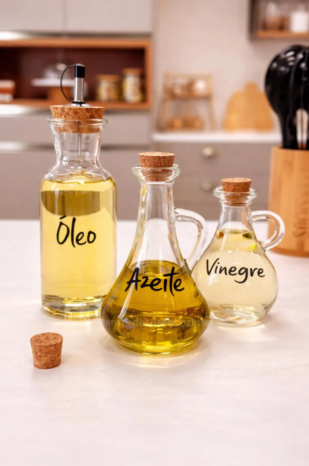Kit Galheteiro de Vidro 3 Peças – Óleo, Azeite e Vinagre com Rolha