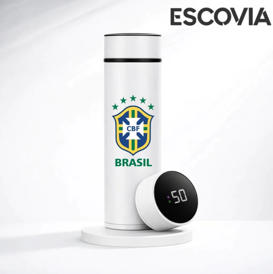 Garrafa Térmica Aço Inoxidavel Copa do Mundo Time Brasil com Medidor De Temperatura Digital 500ml