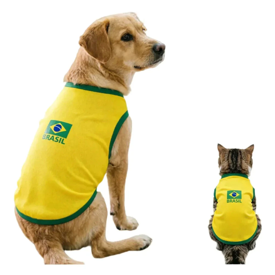 Camiseta Regata Pet Brasil Futebol – Azul e Amarela – Roupa para Cachorro e Gato – Time Copa – Confortável
