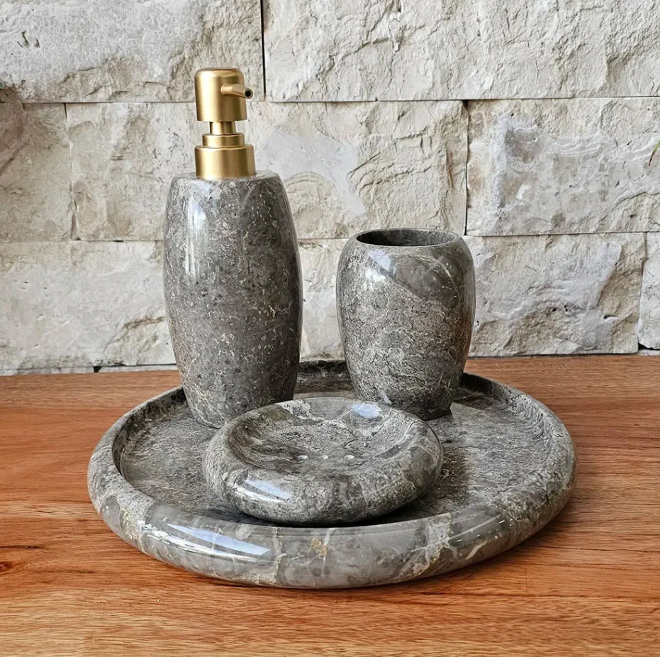 Conjunto de Banheiro em Mármore Natural Cinza - 4 peças