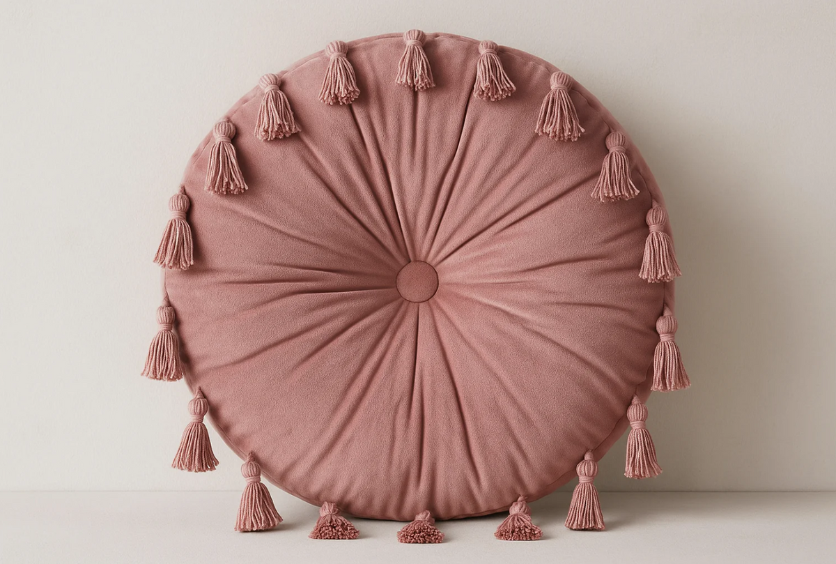 Almofada Redonda Rosa Seco com Franjas - Boho 40cm