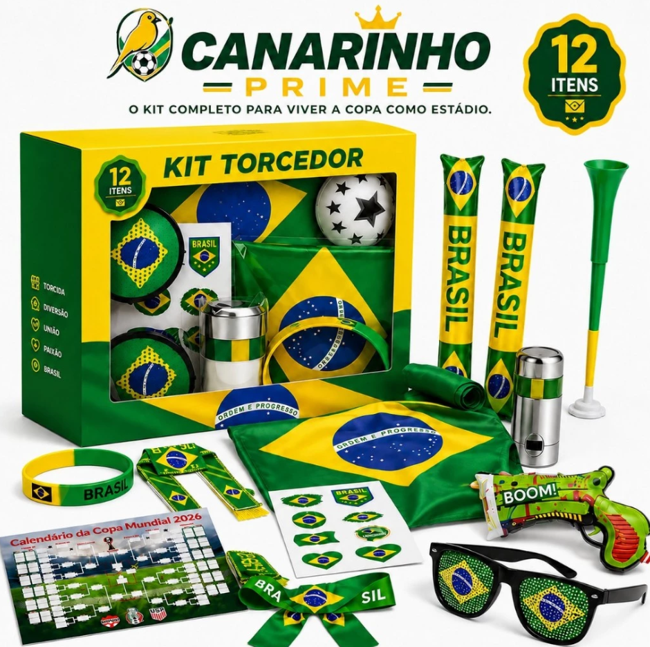 Kit Torcida Brasil Copa 2026 Completo 12 Itens Torcedor (Bandeira Grande e Acessórios)