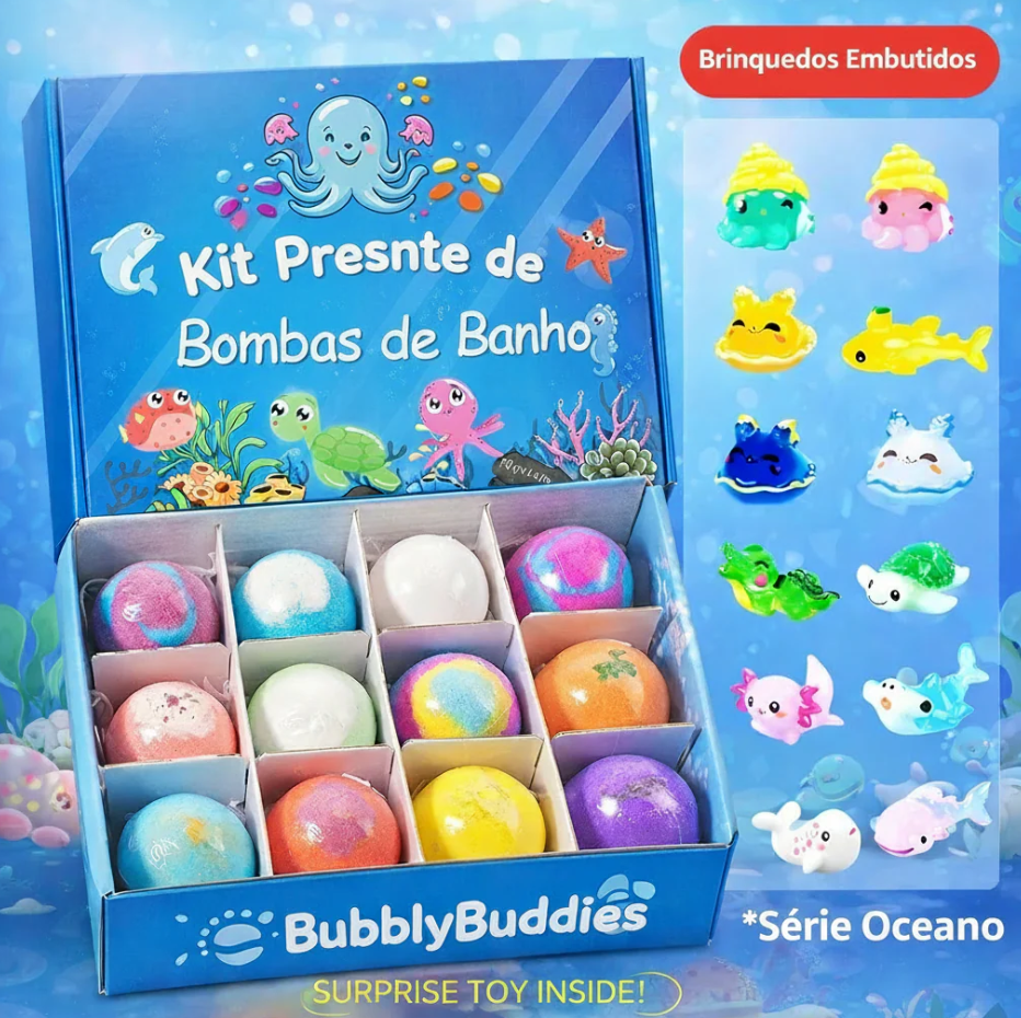 Kit 12 Bombas de Banho Surpresa do Oceano com Brinquedo Escondido
