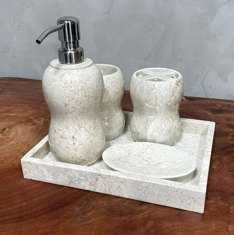 Conjunto de Banheiro em Mármore Natural Travertino Branco - 5 peças