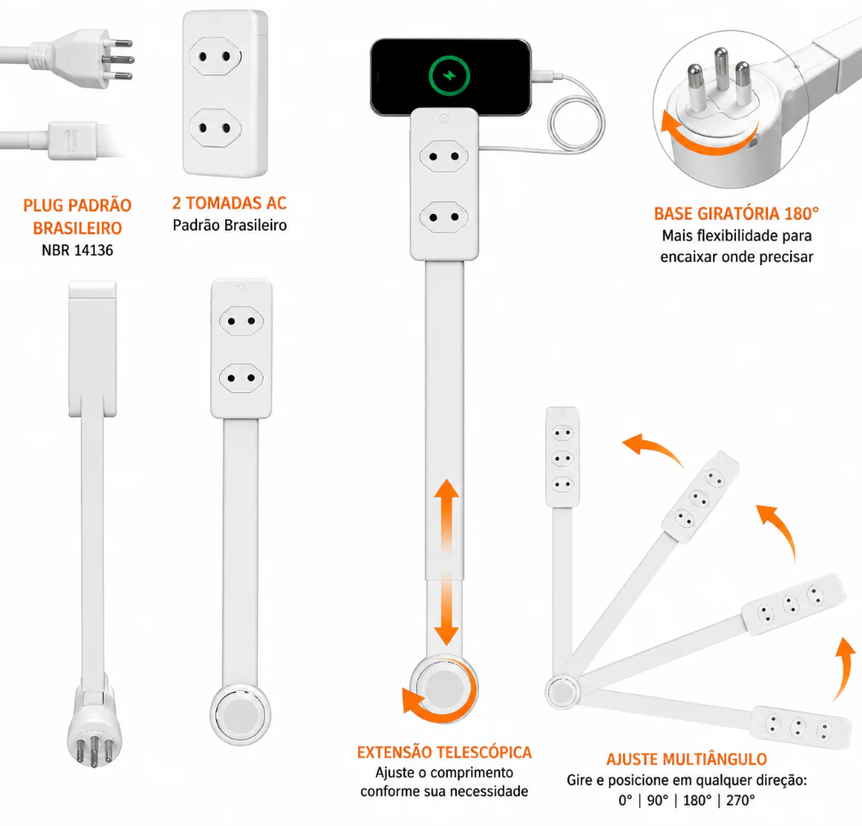 Extensor de Tomada FlexPower BR™ | Hub Inteligente Ajustável com USB-C, USB, TOMADA 2 PINOS E 3 PINOS 110/220v