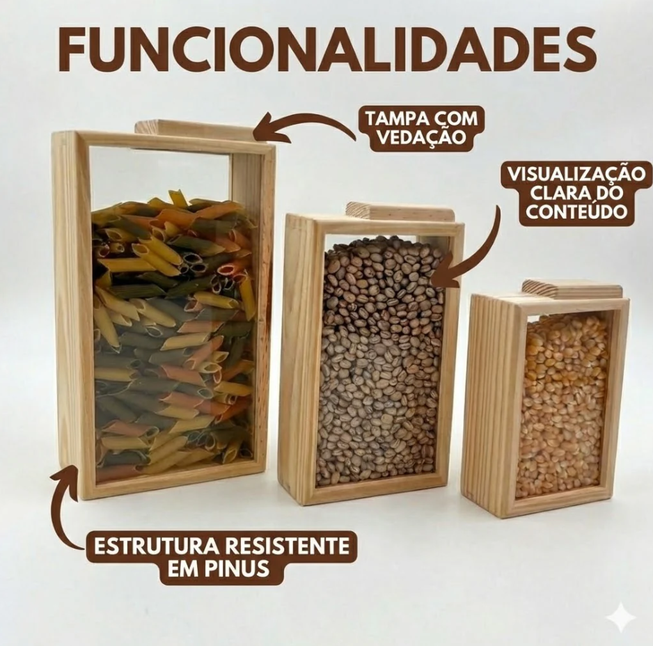 Kit 3 Porta Alimentos Organizador Pinus Ecológico Prático