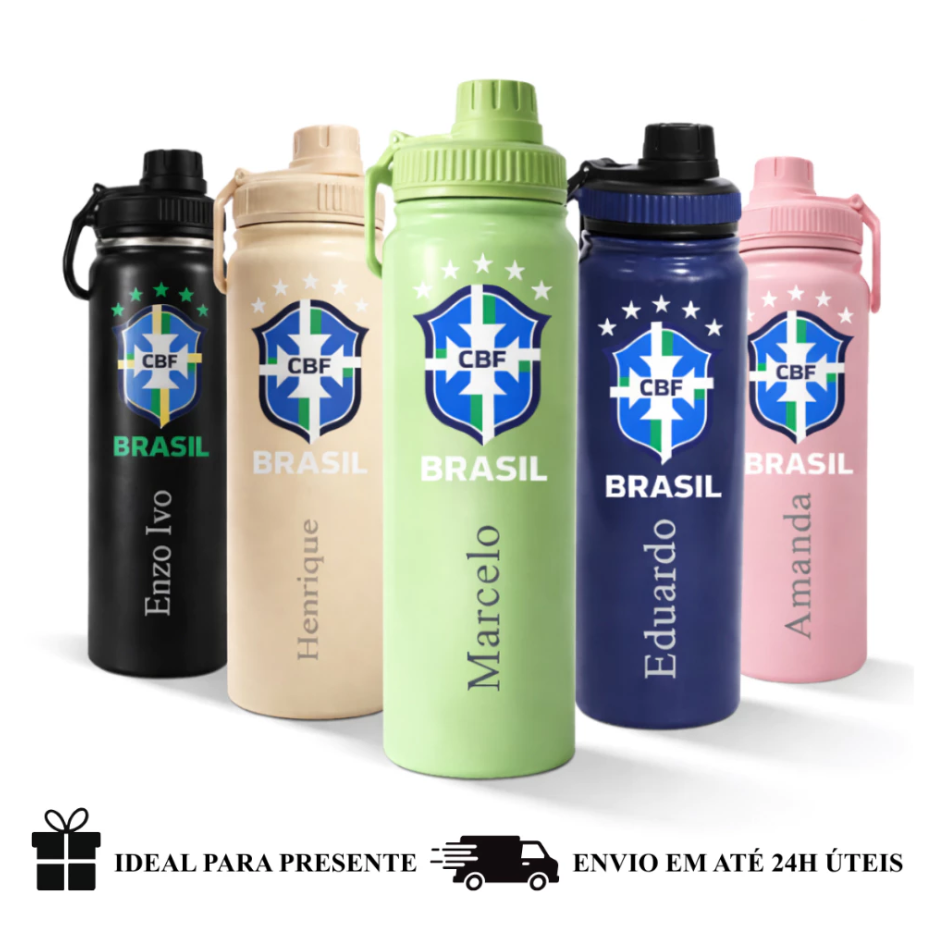 Garrafa Térmica Inox 800ml Personalizada BRASIL Copa - Presente Torcedor/Futebol Brasil