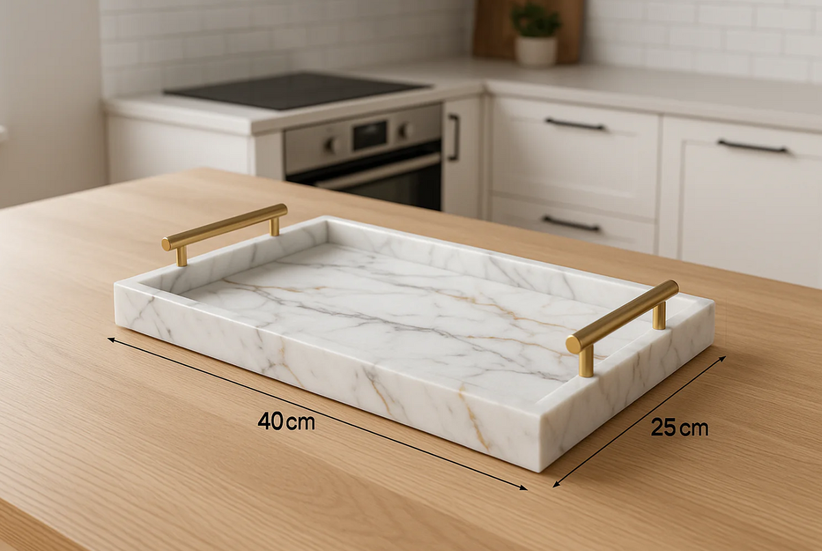 Bandeja Decorativa Mármore Branco com Alças Douradas 40x25cm