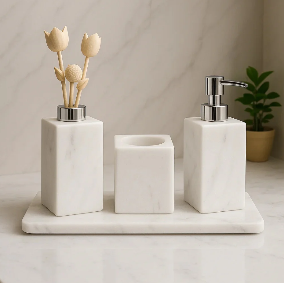 Kit Acessórios para Banheiro em Mármore Branco Bianco Classico - 4 Peças