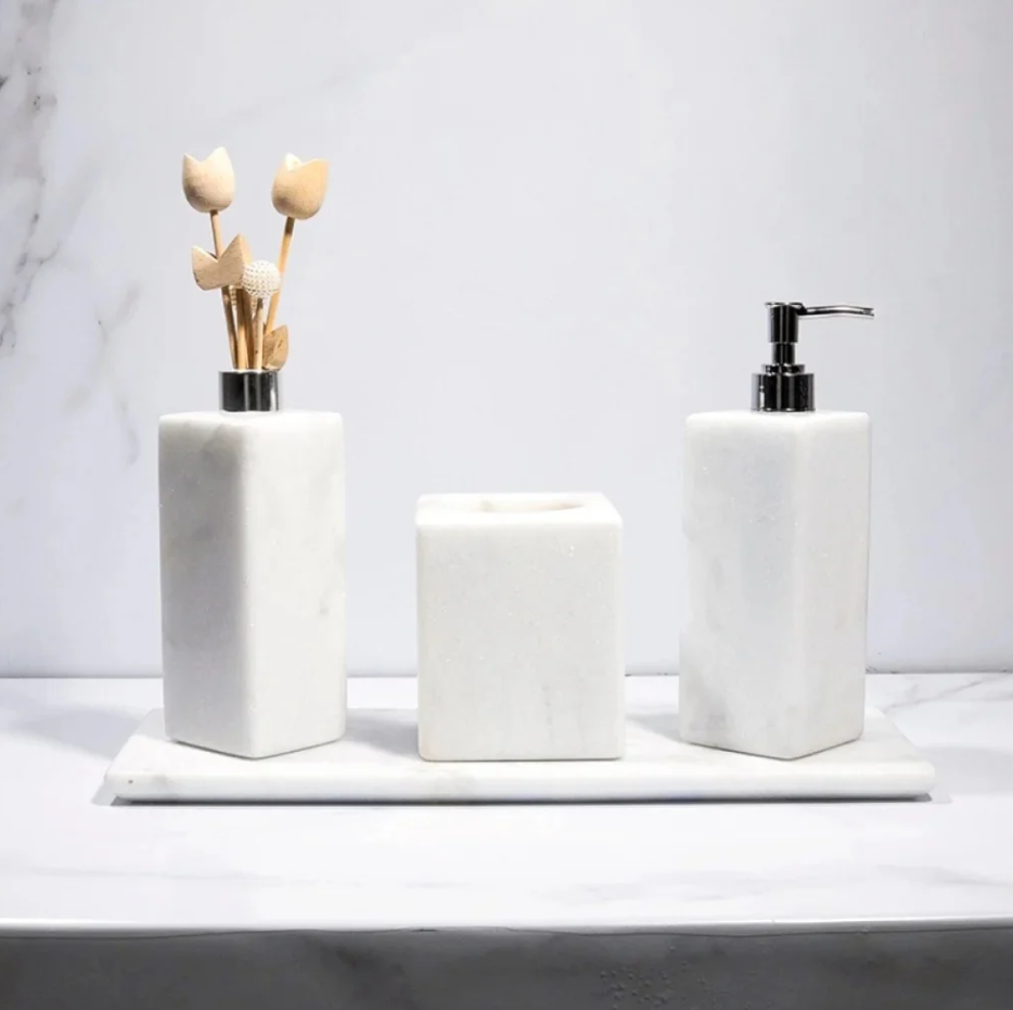 Kit Acessórios para Banheiro em Mármore Branco Bianco Classico - 4 Peças