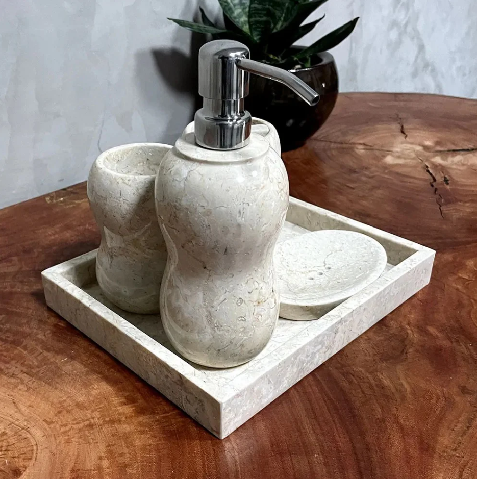 Conjunto de Banheiro em Mármore Natural Travertino Branco - 5 peças