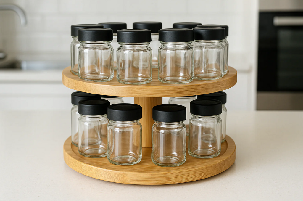 Porta Temperos Giratório Bambu 2 Andares com 16 Potes Vidro