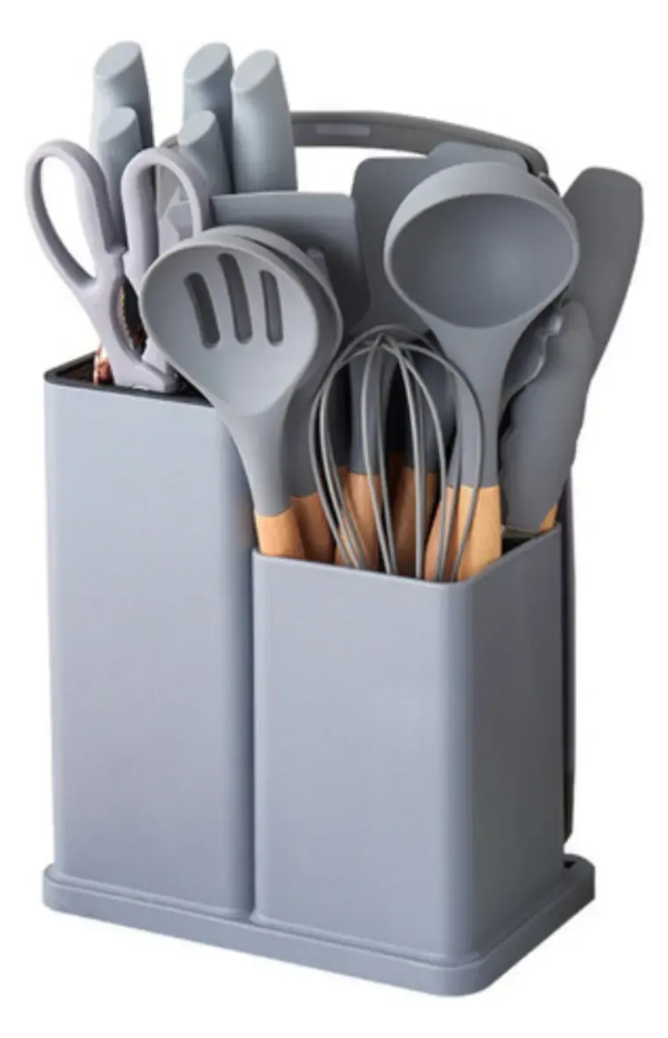 Kit Cozinha Premium 19 Peças™ | Utensílios em Silicone com Facas, Tábua e Suporte Organizador