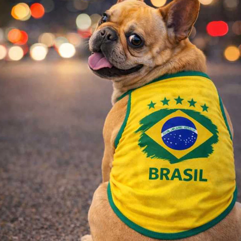 Camiseta Regata Pet Brasil Futebol – Azul e Amarela – Roupa para Cachorro e Gato – Time Copa – Confortável