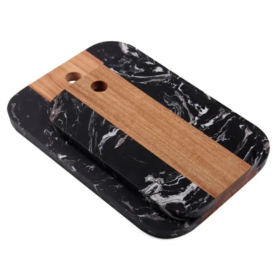 Conjunto 2 Tábuas para Aperitivo com Furo de Pendurar Madeira e Mármore Preto