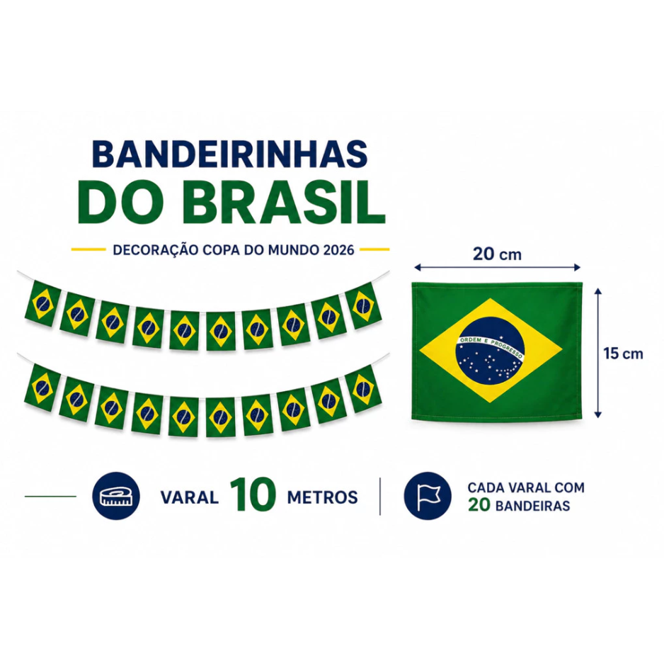 Bandeirinhas do Brasil Decoração Copa do Mundo 2026 Varal de Bandeiras Plástico