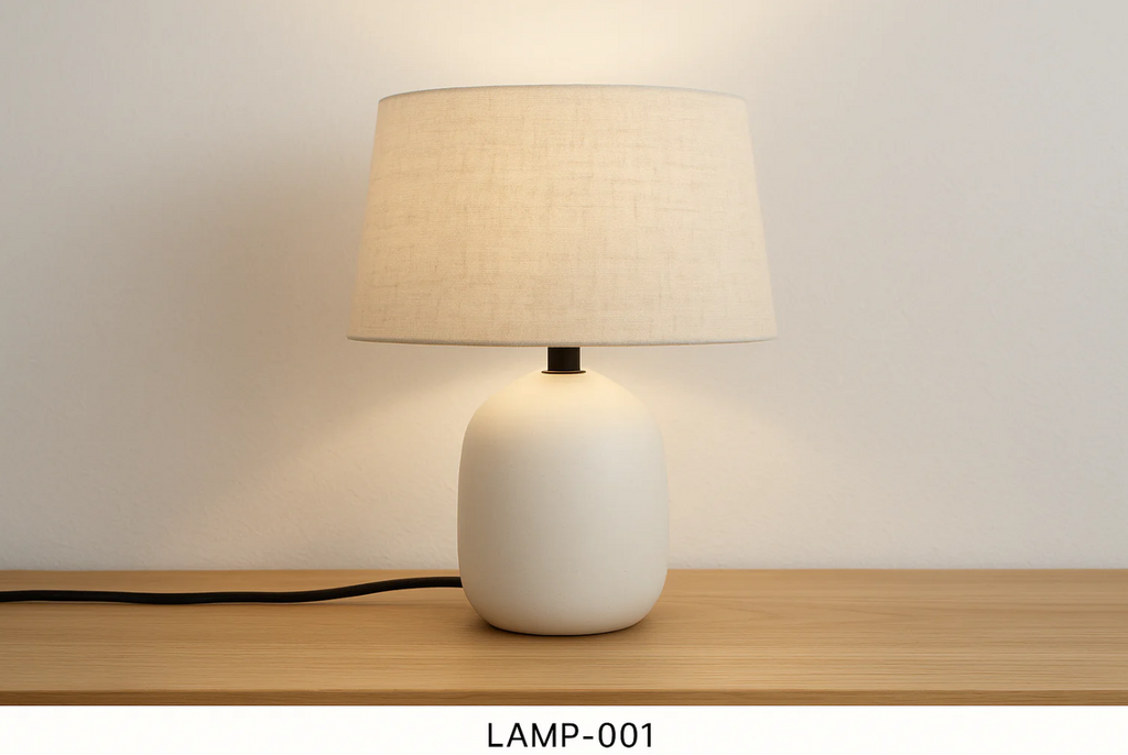 Luminária de Mesa Base Cerâmica Branca com Cúpula Linho