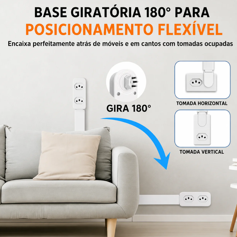Extensor de Tomada FlexPower BR™ | Hub Inteligente Ajustável com USB-C, USB, TOMADA 2 PINOS E 3 PINOS 110/220v