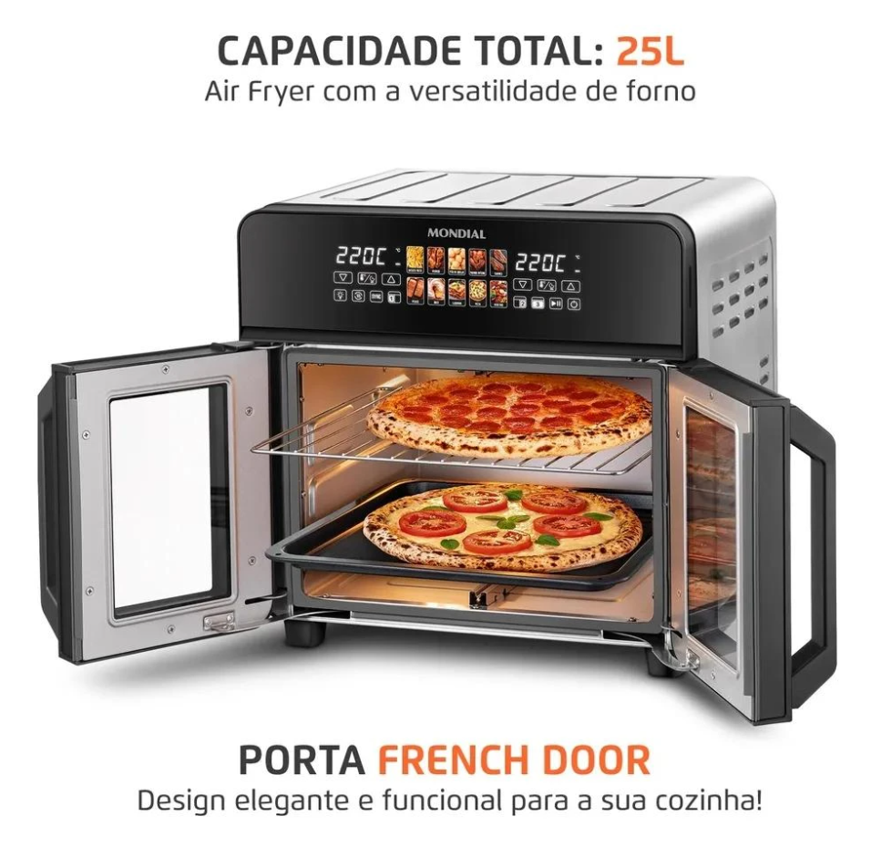 Air Fryer Forno 25L French Door Mondial Preto/Inox 2000W - AFDO-25L-FD