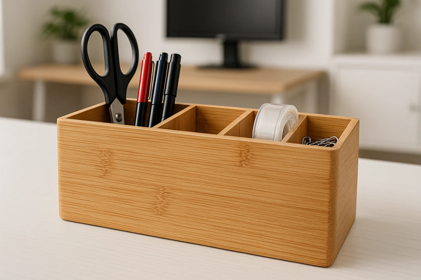 Organizador de Mesa Bambu Natural 4 Compartimentos 25x15cm