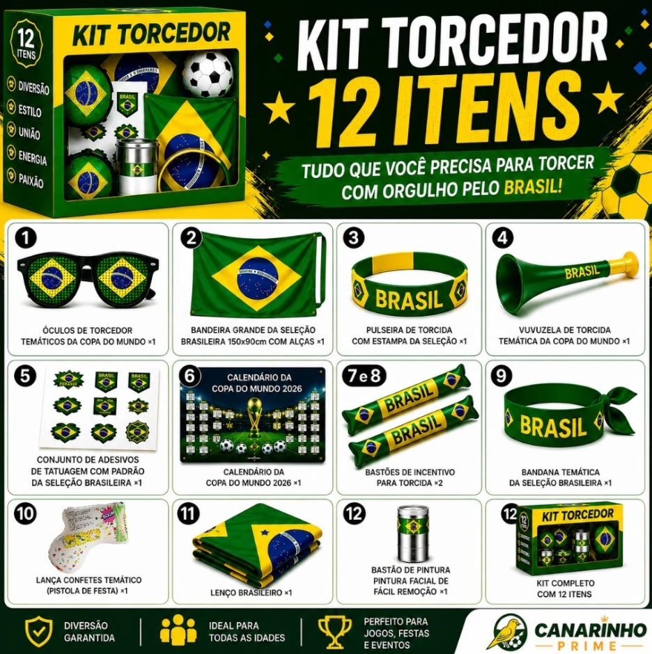 Kit Torcida Brasil Copa 2026 Completo 12 Itens Torcedor (Bandeira Grande e Acessórios)