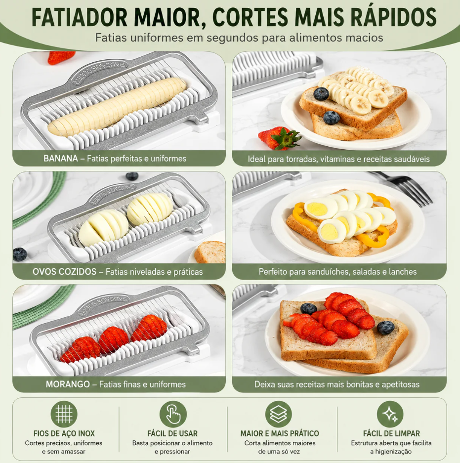 Fatiador Multiuso PremiumSlice™ | Corte Uniforme para Ovos, Frutas, Queijos e Alimentos Macios