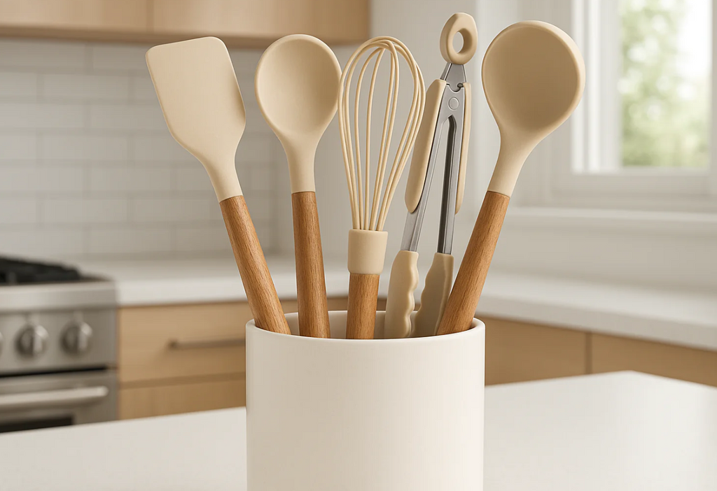 Conjunto 5 Utensílios Silicone com Cabo Madeira e Porta Utensílios