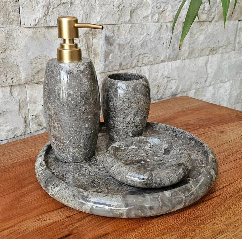 Conjunto de Banheiro em Mármore Natural Cinza - 4 peças