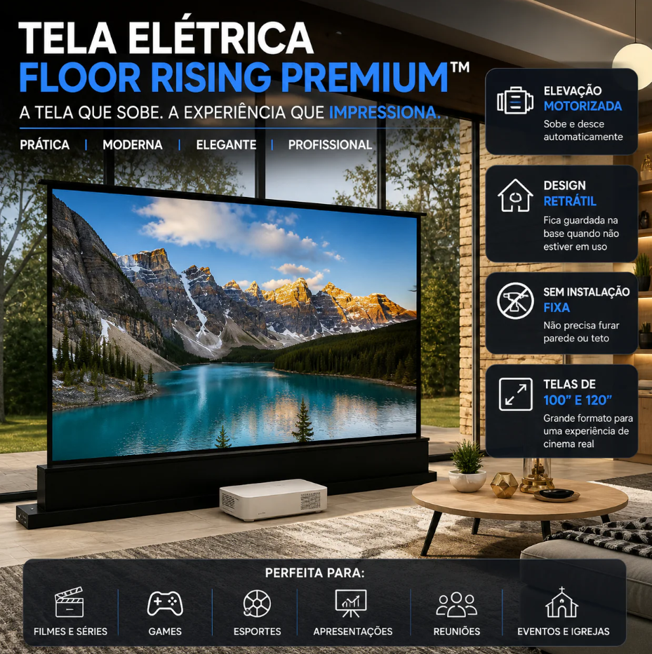 Tela de Projeção Elétrica Floor Rising Premium™ | 100” a 120” Retrátil, Motorizada e Portátil
