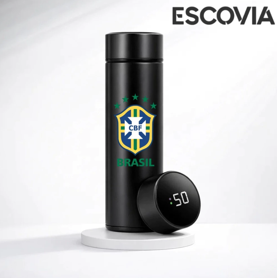 Garrafa Térmica Aço Inoxidavel Copa do Mundo Time Brasil com Medidor De Temperatura Digital 500ml