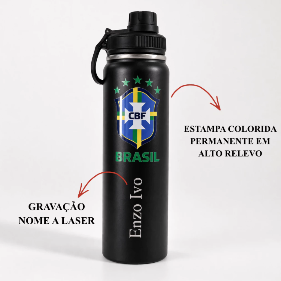 Garrafa Térmica Inox 800ml Personalizada BRASIL Copa - Presente Torcedor/Futebol Brasil