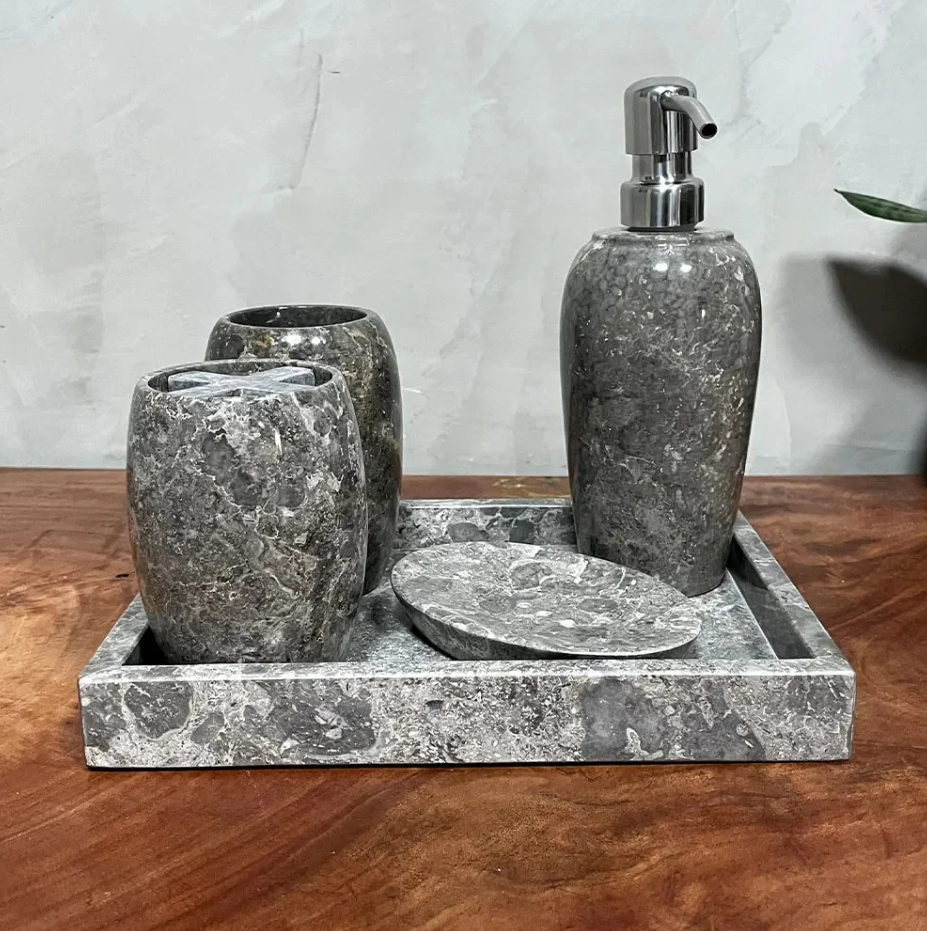Conjunto de Banheiro em Mármore Natural Cinza - 5 peças