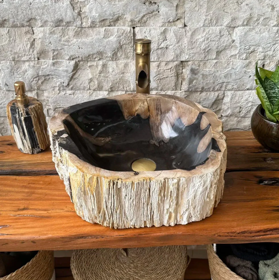 Cuba de Banheiro em Madeira Fossilizada 42x39x15cm