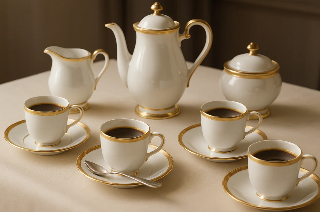Conjunto 6 Xícaras Café Porcelana Dourada - Com Pires