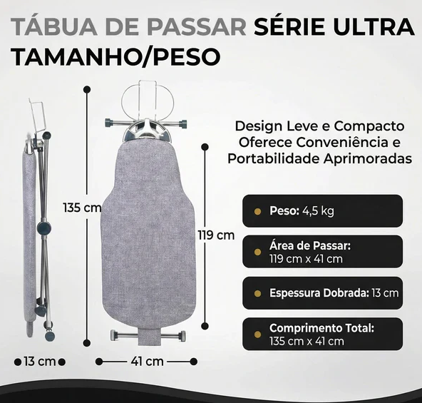 Tábua de Passar Roupas 360° – Giratória, Face Dupla e 8 Níveis de Altura