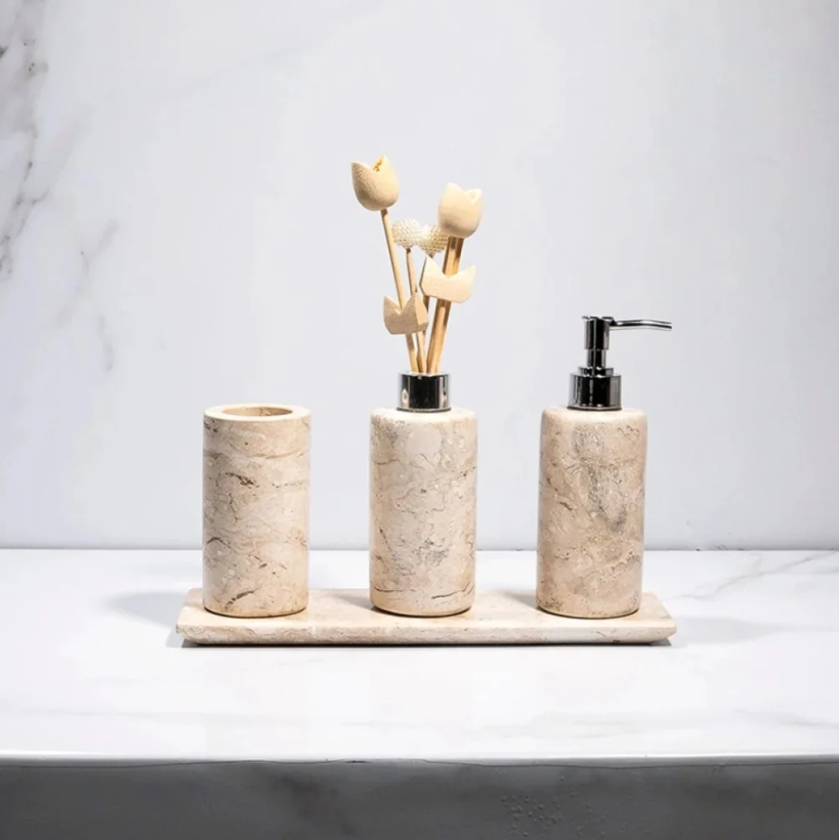 Kit Banheiro Lavabo em Mármore Bege Bahia – 4 Peças de Luxo - Cilíndrico