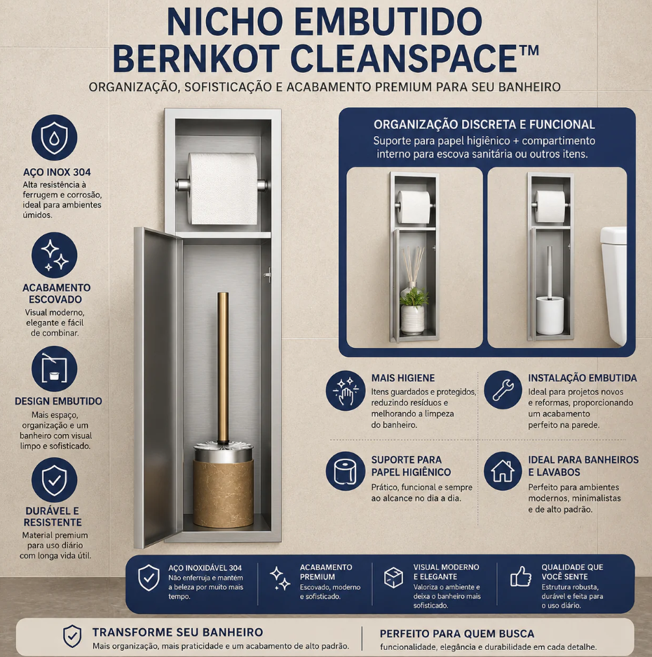 Nicho CleanSpace™  Suporte de Papel Higiênico com Compartimento em Aço Inox
