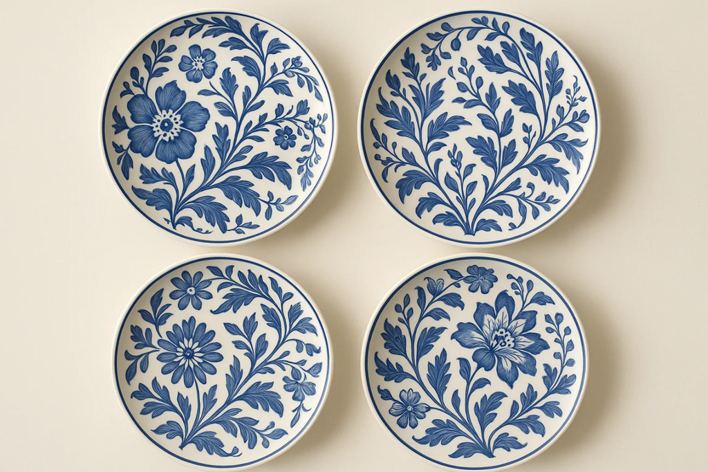 Conjunto 6 Pratos Decorativos Botânicos Azul - Cerâmica Artística
