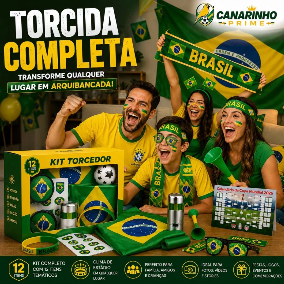 Kit Torcida Brasil Copa 2026 Completo 12 Itens Torcedor (Bandeira Grande e Acessórios)