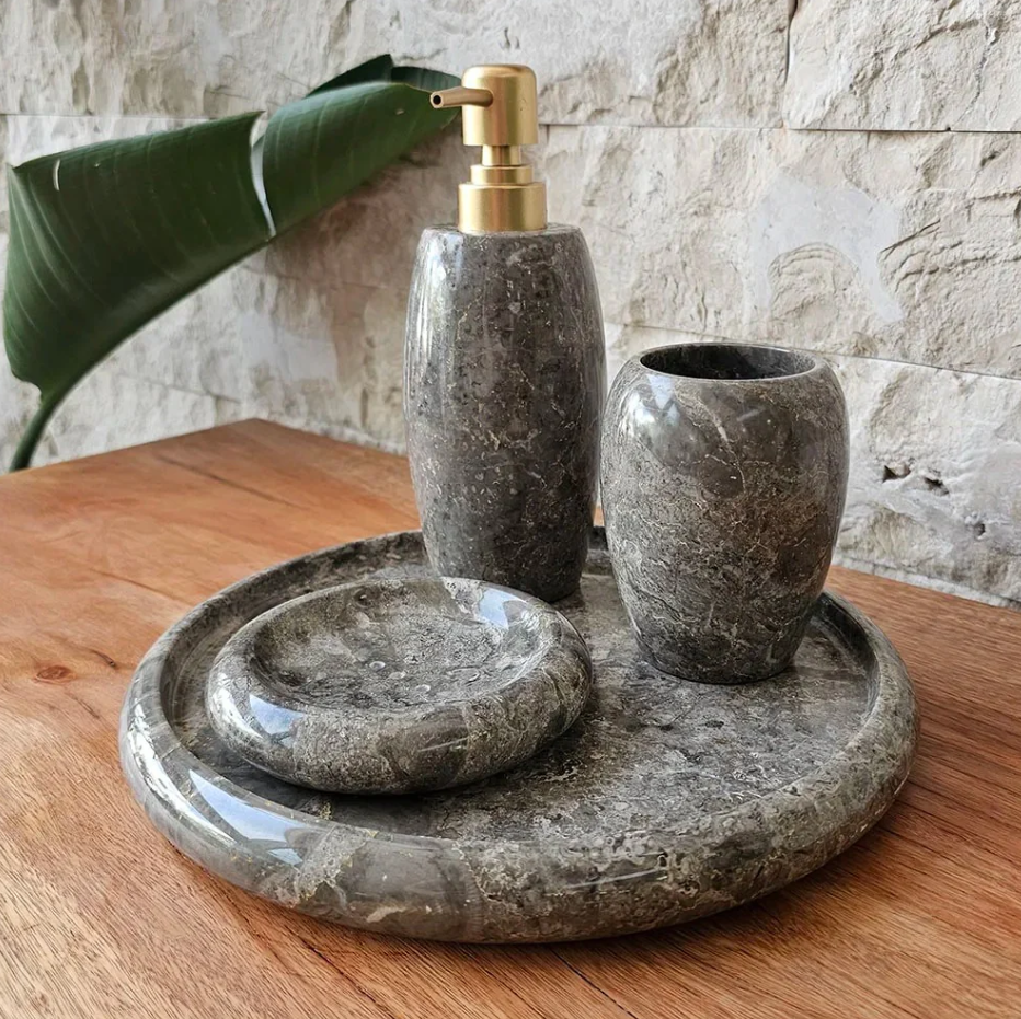 Conjunto de Banheiro em Mármore Natural Cinza - 4 peças