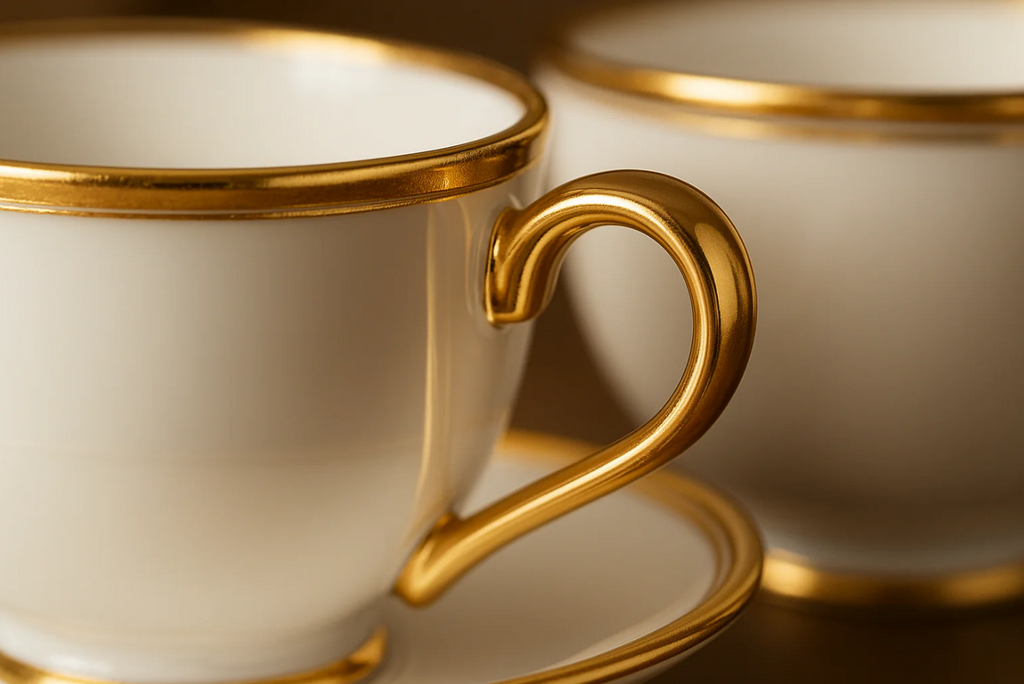 Conjunto 6 Xícaras Café Porcelana Dourada - Com Pires