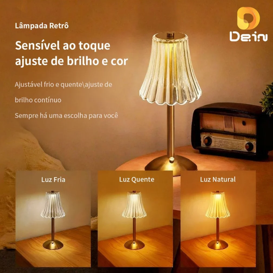 Luminária Retrô de Mesa LED Recarregável com Cúpula Transparente e Controle por Toque Dourada