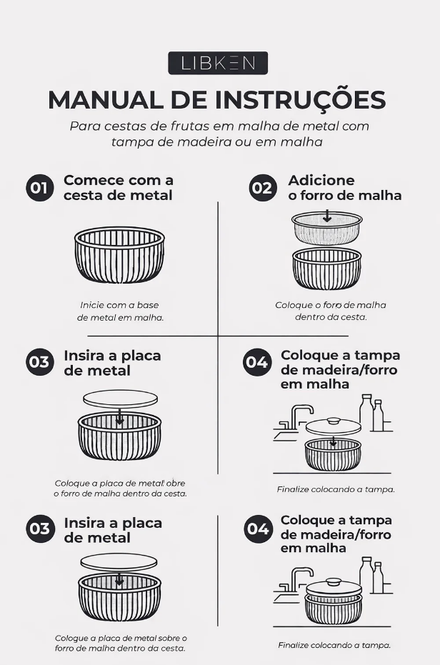 Tigela de frutas de metal com tampa e cesta de malha