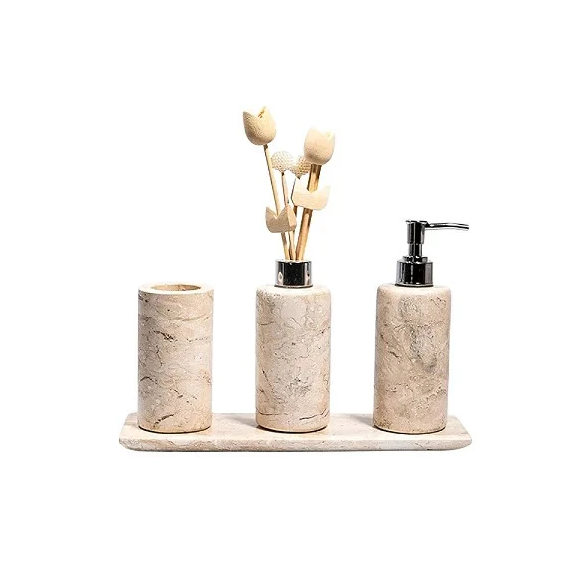 Kit Banheiro Lavabo em Mármore Bege Bahia – 4 Peças de Luxo - Cilíndrico