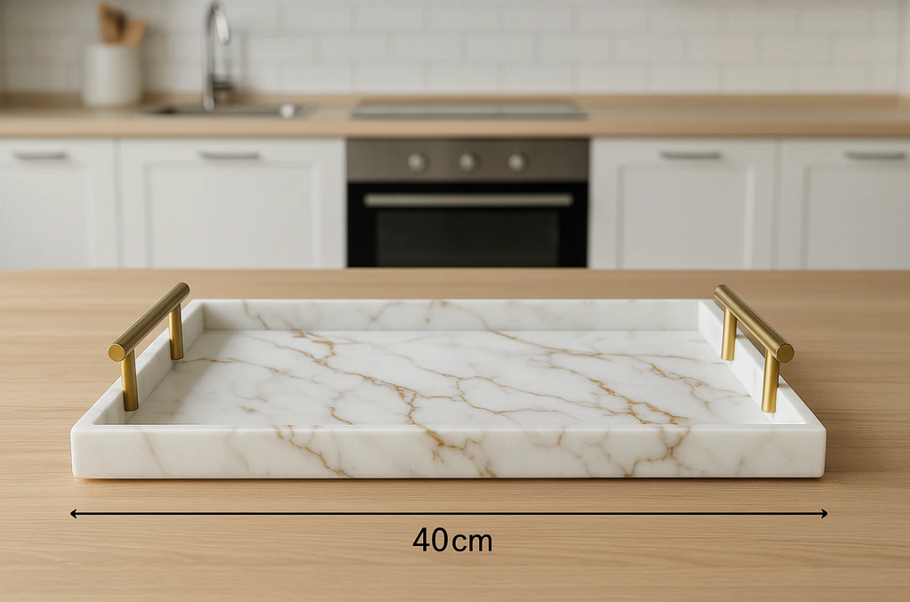 Bandeja Decorativa Mármore Branco com Alças Douradas 40x25cm