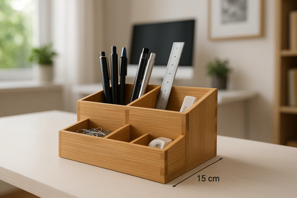 Organizador de Mesa Bambu Natural 4 Compartimentos 25x15cm