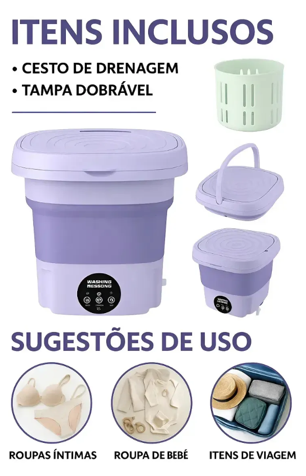 Mini Máquina Lavar Roupas Balde Lavadora Dobrável Portátil
